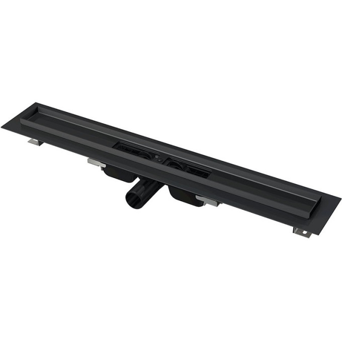 Водоотводящий желоб ALCAPLAST APZ101BLACK-750 с порогами для перфорированной решетки, черный матовый, низкий, горизонтальный сток